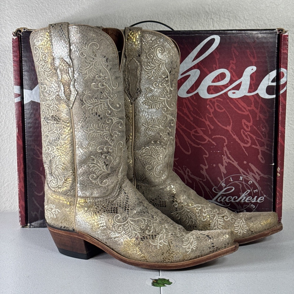 Lucchese Cowboy Boots 9.5 B Python Print Metallic Gold & Silver Western Festival